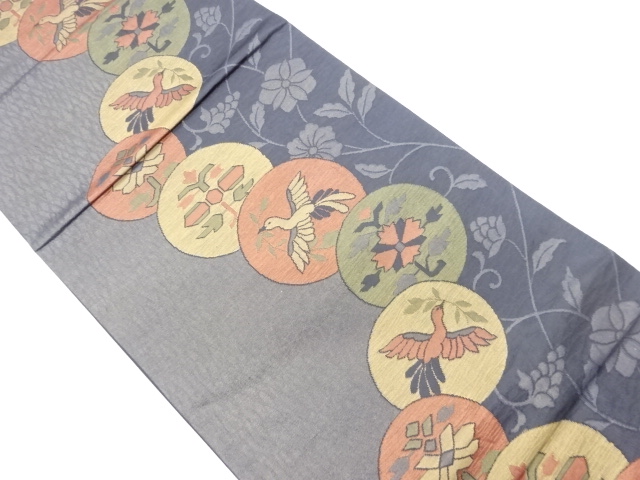 葉喰い鳥・抽象花・丸紋に花唐草模様織出し洒落袋帯